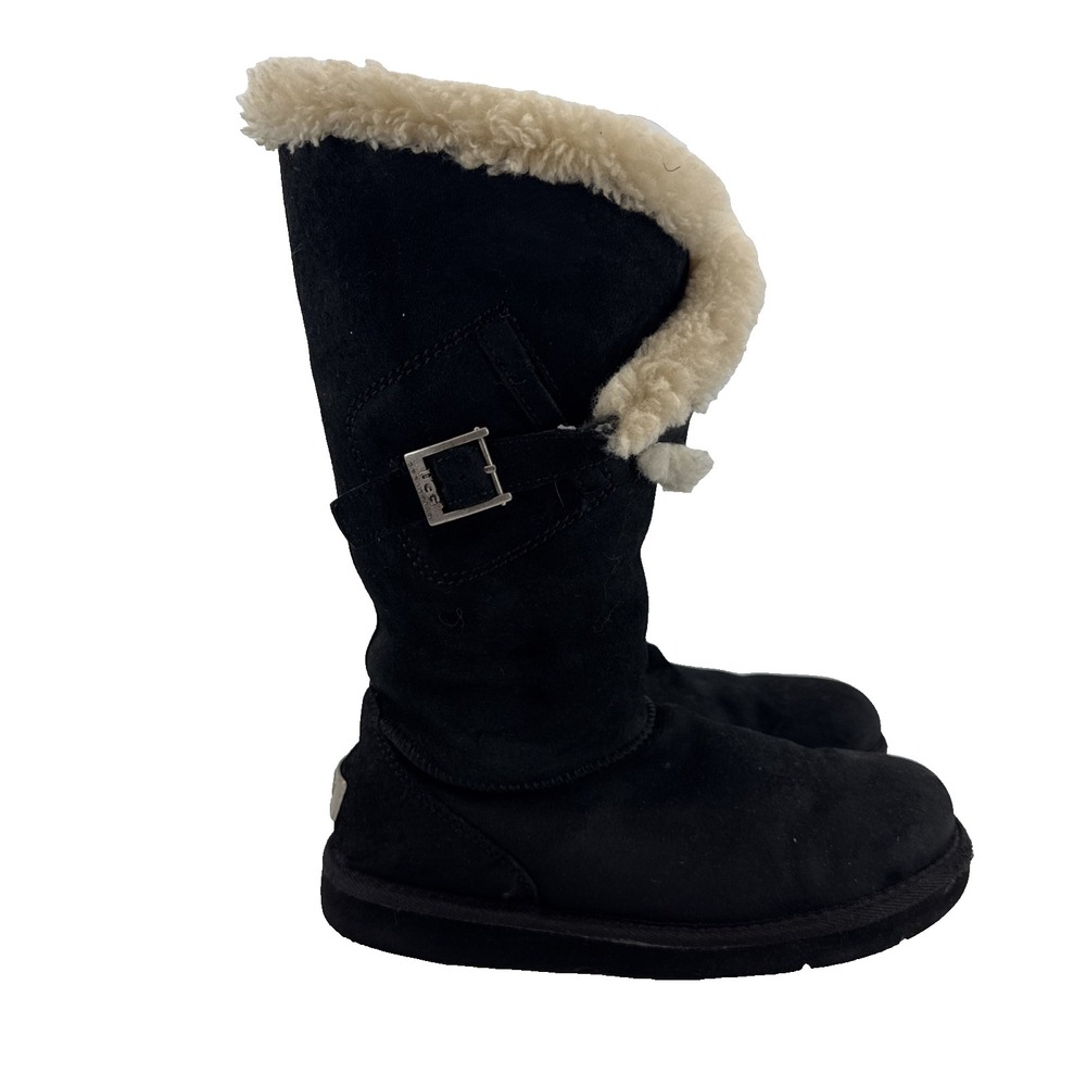 UGG Boots Women 8 Black Suede Sheepskin Shearling Lined Insulated Tall Winter
